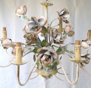 Large Italy Metal Flowers Roses Vintage Italian Tole Chandelier Lamp