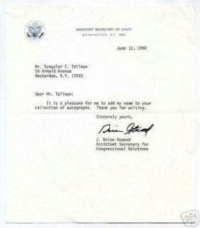 Brian Atwood as Secretary State Author Signed Autograph Letter