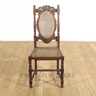 Antique English Solid Oak Jacobean Rattan High Back Side Chair c1920