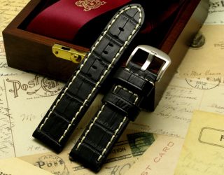 24mm Black Genuine Leather Hand Stitched Watch Band Croco for Panerai