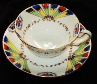 Edwards Brown England Yellow Red Blue Green Wide Fan Tea Cup and