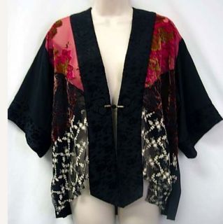 Spencer Alexis Art To Wear Kimono Jacket Black Pink Floral M ~ Bust 50