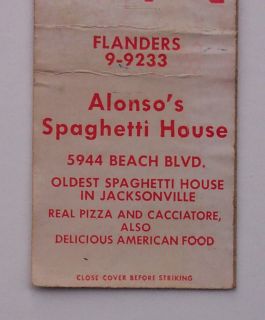 1950s Matchbook Alonso Spaghetti House Jacksonville FL