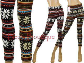 Womens Leggings Ladies Jaquard Snowflake Print Knitted Warm Footless