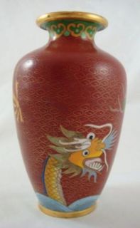 Vintage Chinese Cloisonné Gold Gilded Enameled Red Dragon Vase