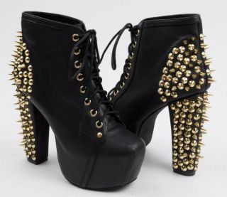 Jeffrey Campbell New Lita Gold Spike Black Leather Ankle Boots Shoes 8