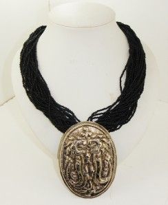 Vintage Seed Bead Necklace Choker Huge Pendant Mayan Snakes Dragons