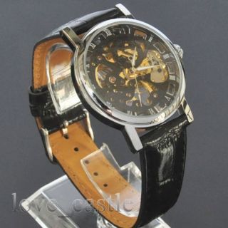  Skeleton Mens Analog Mechanical Wrist Leather Band Watches W01T