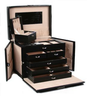 Quality Large Black Leather Jewelry Box Case Lock w Key SK1