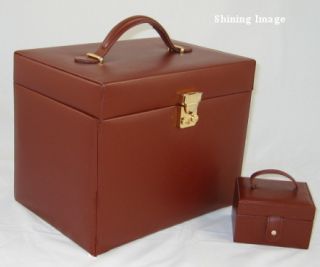 New Huge Leather Jewelry Box Storage Case Lock Key Brn