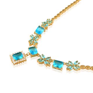  Aquamarine Gold Plated Pendant Necklace Silver Tone Neck Chain