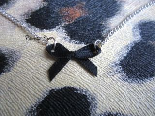 Tiny Dainty Black Ribbon Bow Charm Pendant Silver Necklace Chain