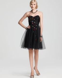 Jill Stuart New Modele Black Tulle Embroidered Ruched Cocktail Evening