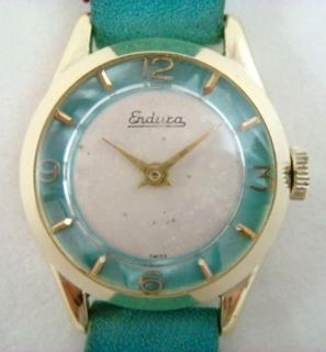 Vintage Ladies Endura Wrist Watch Swiss Made Cyan Blue Suede Band
