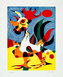 1940 Color Print Joan Miro Coq Rooster Colorful Art Chicken Crest Red