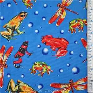Half Yard Tropical Frog Dragonfly Insects Bright Blue Quilting Fabric