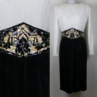 White Black Longsleeve Joan Leslie Evenings Sequin Waist Dress 14