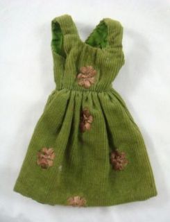 Vintage 1970s Barbie Fashion Doll Green Floral Corduroy Jumper Dress