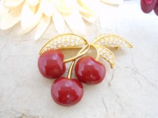 Joan Rivers Signed Gold Tone Rhinestone Leaf Red Enamel Cherries