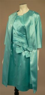 Original Late 1950s Pale Blue Satin Dress and Coat Suit