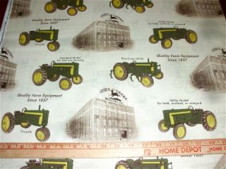 Cotton Fabric John Deere Vintage Toile of Tractors Headquarters on Beige  