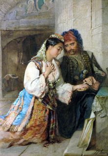 John F Lewis Watercolor Orientalist Painting of A Greek Engagement  