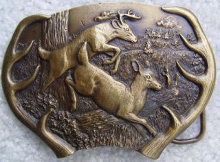 2 Deer Inside Antlers Bergamot 1977 BELT BUCKLE Brass Made In USA Hunting  