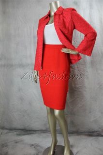 $395 New with Tags St John Enamel Red Boucle Stretchyknit Wool Sweater Skirt 6  
