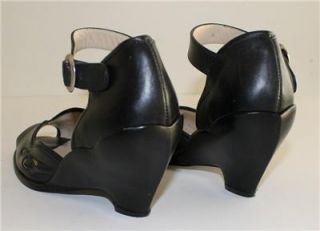 John Fluevog 10 Black Leather Peep Toe Wedge Heel Mary Jane Women's Shoes  