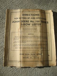 John Deere No 730 Series 2 Row Lister Operators Manual  