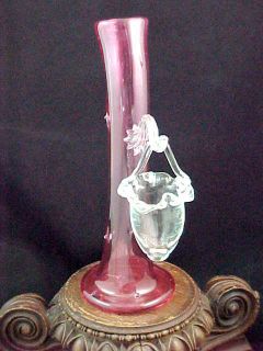 Antique John Walsh Walsh Cranberry Thorn Art Glass Vase w Crystal Rose Bowl  