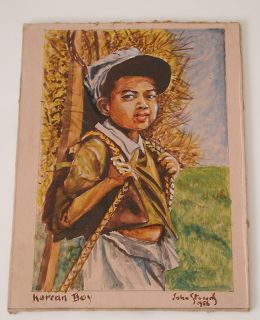 1956 Vintage "Korean Boy" John Stevens Acrylic Oil Painting Outsider Folk Art  
