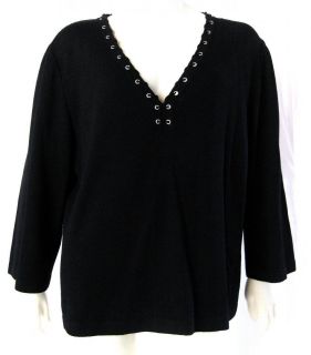 St John Sport Black V Neck Santana Knit Long Sleeve Sweater Top Size XL  