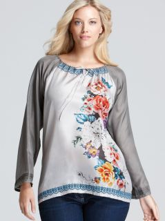 Johnny Was Collection Silk Floral Printed Embroidered Tie Long Sleeve Top L  