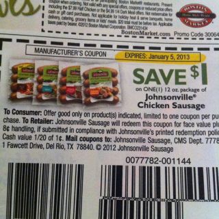 20 COUPONS 1 1 JOHNSONVILLE CHICKEN SAUSAGE 12 OZ PACKAGE 1 5 13 Free Ship  