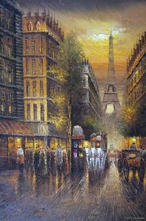 Paris Sunset 1800's Eiffel Tower Large Oil Painting Art  