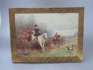 Antique Embossed Brass Picture Frame w Sanderson Wells Lady Hunting w Dogs Print  