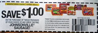 20 Coupons $1 00 2 Johnsonville Sausage 3 1 13  