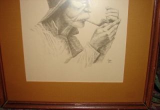 Vintage Man w Pipe Pencil Signed Joni Eareckson Self Taught Artist  