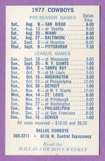 1977 NFL Dallas Cowboys Football Schedule Mint K0332  