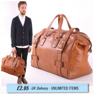 Vintage Tan Brown Faux Leather Weekend Travel Holdall Bag  