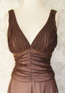 JS BOUTIQUE Brown Beaded Stretch Mesh Empire Dress 10 Ruched Waist Evening Party  