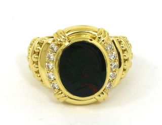 Designer Judith Ripka 18K Gold Diamonds Intaglio Carved Blood Stone Band Ring  