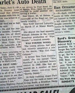 Judy Tyler Car Crash Death Elvis Presley 1957 Newspaper  