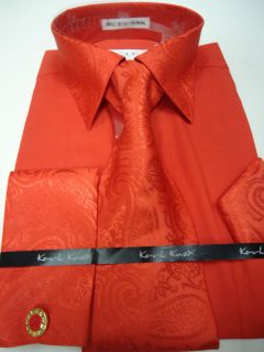 Mens Karl Knox Red Paisley Collar French Cuff Dress Shirt Tie Hanky