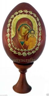 Madonna of Kazan Russian Wooden Egg Holy Icon in Gold