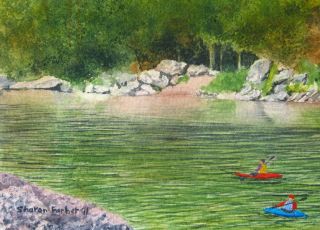 the River Original Watercolor Landscape Painting boats water kayaking