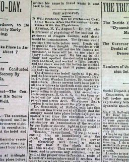 1st Electric Chair Execution William Kemmler Murderer Auburn NY 1890