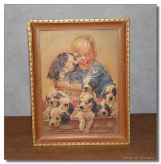 Vintage JF Kernan 3D Relief Boy Puppies Picture