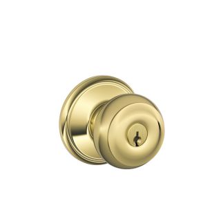 Georgian Bright Brass Round Residential Keyed Entry Door Knob Lock Set